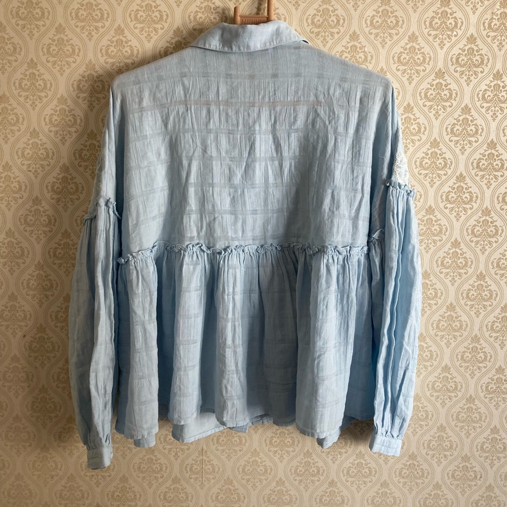 ZARA Sky Blue Gathered Embroidery Top - Picture 3 of 5